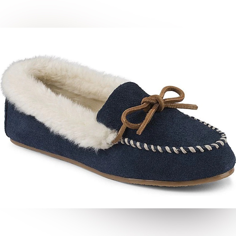 Sperry Navy Suede Moccasins with Faux Fur and Tan Bow